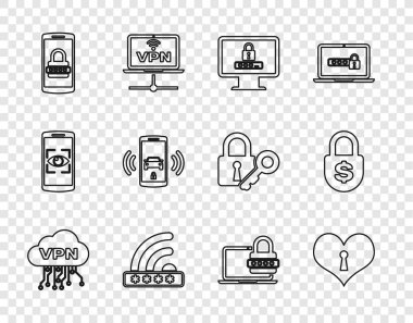 Hat Cloud VPN arayüzü, anahtar delikli kalp, Monitör şifresi, Wifi kilitlendi, mobil ve akıllı araba alarm sistemi, dizüstü bilgisayar ve para simgesi. Vektör