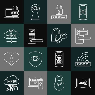 Dizüstü bilgisayarı parola ile ayarla, Wifi kilitlendi, dijital kapı kablosuz, şifre koruması, VPN ağ bulut bağlantısı, ve Lock ve anahtar simgesi. Vektör