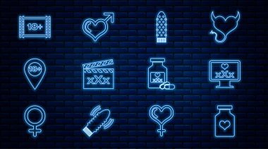 Set line Bottle with pills for potency, Monitor 18 plus content, Dildo vibrator, Movie clapper Sex, Location, Play Video,  and Male gender and heart icon. Vector