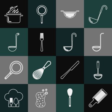 Grater, Kitchen kepçesi, süzgeç, çatal, tencere ve ikon. Vektör