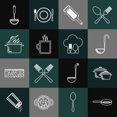 Hattı kurun, tava, tencere, mutfak kepçesi, ızgara, kahve fincanı ve çatal ve kaşık ikonlu Şef şapkası. Vektör