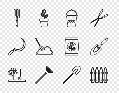 Yere ağaç dikme, bahçe çiti, kova, yapraklar için tırmık, çatal, kürek, kürek ve kürek simgesi. Vektör