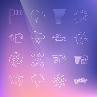 Rüzgar ve kar, kasırga girdabı, yıldırımlı bulut, koni rüzgarı ve ikon. Vektör