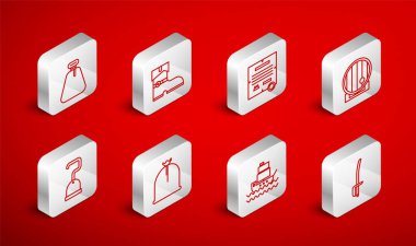 Korsan kılıcı, deri korsan botları, ferman, parşömen, parşömen, tahta fıçı, gemi, çuval ve kanca ikonu. Vektör