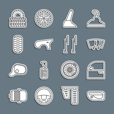 Hat kapısı kolu, silecek, el freni, çamurluk, lastik ve ikon. Vektör