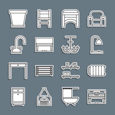 Piyano, ısıtma radyatörü, masa lambası, sandalye, su musluğu, çiçek saksısı ve avize ikonu. Vektör