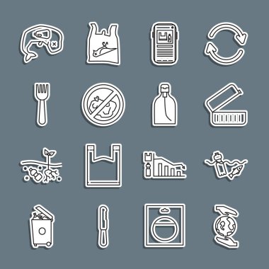 Line Hands holding Earth Globe, problem okyanus kirliliği, beslenme çantası, stop plastik, çöp yok, tek kullanımlık çatal, çevre koruma balinası ölü ve şişe sıvı sabun ikonu. Vektör