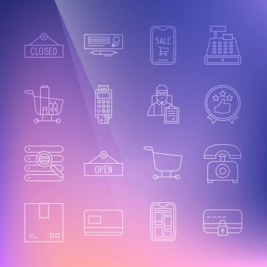 Hat kartını kilit, tüketici veya müşteri ürün derecelendirmesi, mobil ve alışveriş arabası, POS terminal kredisi, Alışveriş Yemeği, Asılma tabelası, Kapalı ve Karton Kutu Adam simgesi ile ayarla. Vektör