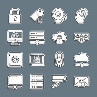 Satır ileti kilidi parolası, Ağ bulut bağlantısı, Parola koruması, Çalan alarm zili, Sunucu, Data, Web Sunucu, Ünlem işareti, Kilit ve Bulut bilgisayar simgesi ile izleyici ayarla. Vektör