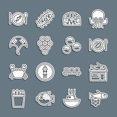 Balık ve havyar, deniz ürünleri dükkanı, tabakta salatalık, suşi, havyar, vatoz, balık ve Takoyaki ikonu. Vektör