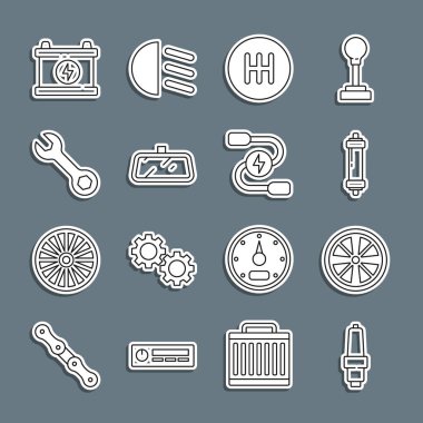 Otomobil bujisi, Alaşık tekerleği, şok emici, vites kolu, ayna, İngiliz anahtarı, pil ve akü güç kablosu ikonu. Vektör