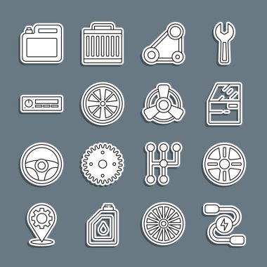 Motor yağı ve vantilatör simgesi için araç akü takviye kablosu, alloy tekerleği, kapı, zamanlama kemer kiti, ses, teneke kutu ayarlayın. Vektör