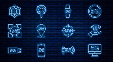 5G ağı, Smart saati, konumu, sosyal konumu ve anten simgesi ile hat monitörünü ayarla. Vektör