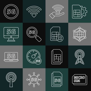 Satır Micro Sim Card, Anten, Sosyal Ağ, 5G, Arama, İzleme ve Kart reddedildi. Vektör