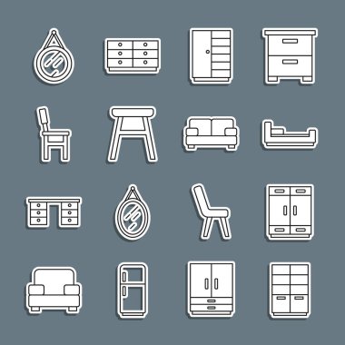 Gardırop, Yatak, Sandalye, Ayna ve Kanepe ikonu. Vektör