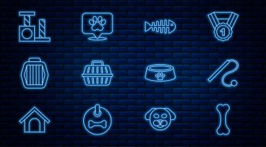 Sabit çizgi köpek kemiği, evcil kedi oyuncağı, balık iskeleti, çanta, kedi tırmalama tahtası, yemek kasesi ve konum veteriner hastanesi ikonu. Vektör