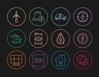 Yerküre, yaprak, şimşek, elektrikli araba, biyo yakıt varili, nükleer enerji santrali, rüzgar türbini, su enerjisi ve ikon. Vektör