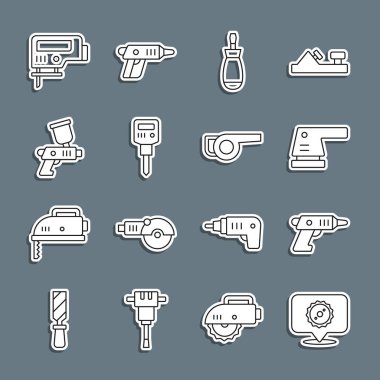 Kablosuz elektrikli tornavida, zımpara makinesi, tornavida, inşaat matkabı, boya sprey tabancası, yapboz ve yapraklı bahçe üfleyici ikonu. Vektör