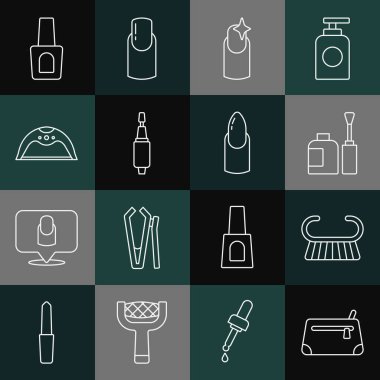 Kozmetik çanta, pedikür fırçası ya da rende, tırnak cilası şişesi, manikür keskisi, manikür lambası ve ikon. Vektör