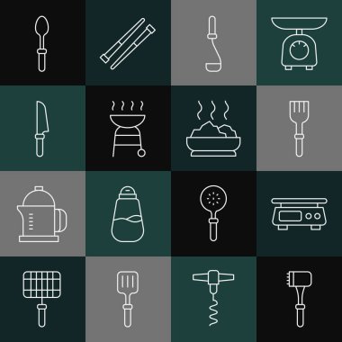 Mutfak çekici, elektronik teraziler, çatal, kepçe, ızgara ızgara, bıçak, çay kaşığı ve sıcak çorba ikonu. Vektör