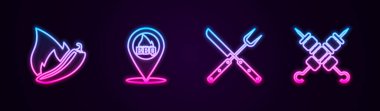Hot chili biber podu, ızgaralı konum çapraz çatal, bıçak ve ızgara şiş kebap. Parlayan neon ikonu. Vektör.