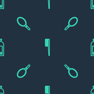 Çizgi saç fırçası, el aynası ve bir şişe şampuan. Vektör.