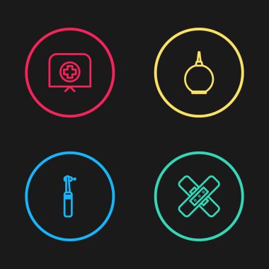 Diş matkabı, çapraz bandaj bandı, Enema ve haç ikonlu hemşire şapkası. Vektör.