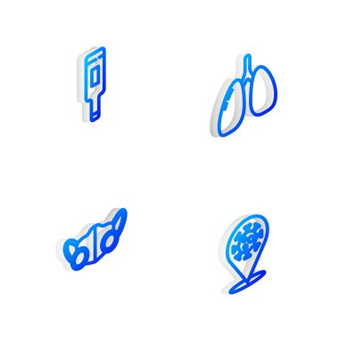 Isometric hattını akciğerlere, tıbbi termometreye, koruyucu maskeye ve Corona virüsünü 2019-nCoV konumuna ayarlayın. Vektör