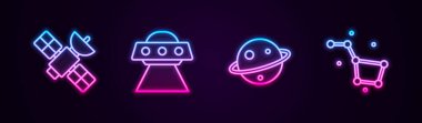 Uydu hattı, UFO uçan uzay gemisi, Satürn gezegeni ve Büyük Ayı takımyıldızı. Parlayan neon ikonu. Vektör