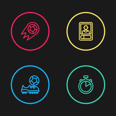 Set çizgisi, futbol ayakkabıları, sttopwatch, ya da futbol kartı ve futbol ikonu. Vektör