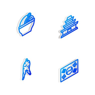 Isometric hattı Kore tapınağı, Ramen, Ginseng kökü ve Güney bayrağı ikonu. Vektör