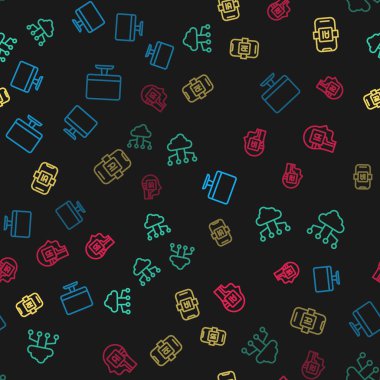 Çizgi bilgisayar monitörünü, ağ bulut bağlantısını, yapay zeka yapay zekasını ve insansı robotu kusursuz desene ayarlayın. Vektör