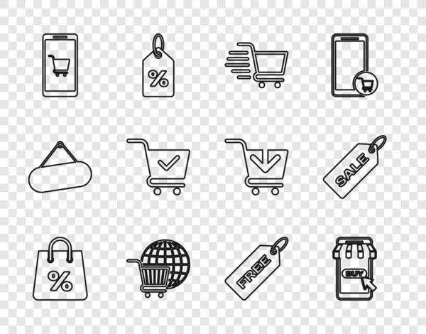 Set Line Shopping Bag Percent Mobile Shopping Cart Globe Check — ストックベクタ