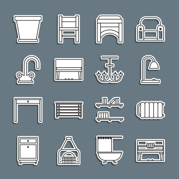 Set line Grand piano, Heating radiator, Table lamp, Chair, Water tap, Flower pot and Chandelier icon. Vector
