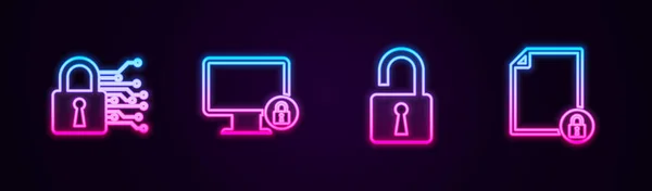 Set Line Cybersecurity Lock Monitor Open Hangslot Document Een Gloeiend — Stockvector