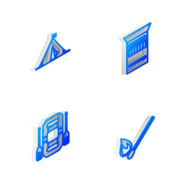 Set Isometric Line Open Matchbox Matches Tourist Tent Flag Rafting — Archivo Imágenes Vectoriales