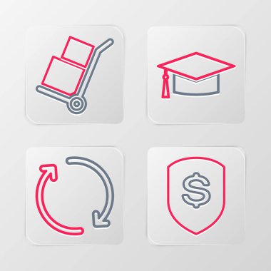 Hat kalkanı ve doları ayarla, yenile, mezuniyet şapkası ve el arabası ikonu. Vektör