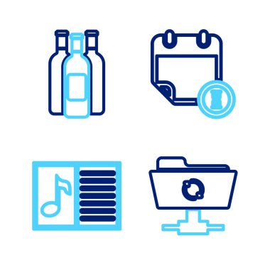Satır FTP senkronizasyon yenilemesi, notalı müzik kitabı, takvim ve saat ve şarap ikonu. Vektör
