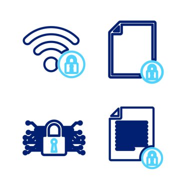 Belge ve kilit hattı, Siber güvenlik ve Wifi ikonu kilitledi. Vektör