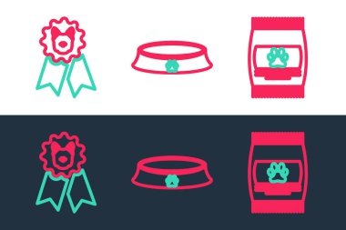 Evcil hayvan için yiyecek çantası, köpek ödülü sembolü ve evcil hayvan kasesi ikonu. Vektör