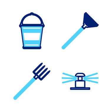 Otomatik sulama, bahçe yabası, tırmık yaprakları ve ağaç dikme ikonunu hizaya getir. Vektör