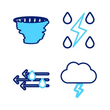 Storm, Wind and rain ve Tornado ikonunu ayarla. Vektör
