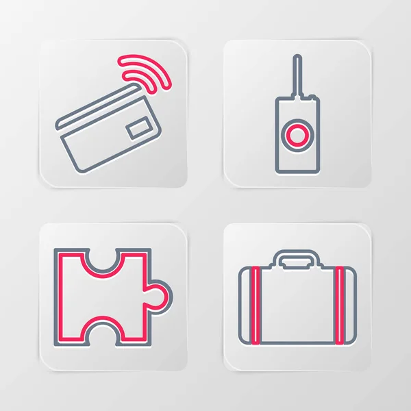 Set line Maleta para viajar, Pieza de rompecabezas, Control remoto e icono de pago sin contacto. Vector — Archivo Imágenes Vectoriales