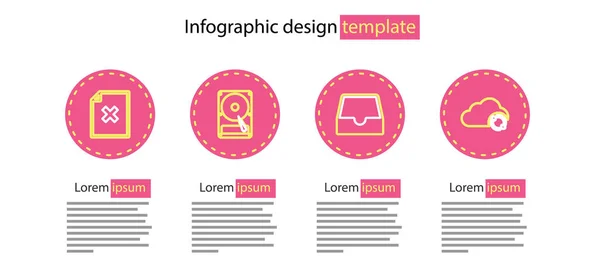 Set line Social media inbox, Cloud sync refresh, Hard disk drive HDD and Delete file document icon. Vector — Image vectorielle