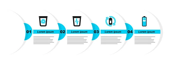 Zeile Batterieladestandsanzeige mit Recycle, Lightning Papierkorb und Papierkorb-Symbol. Vektor — Stockvektor