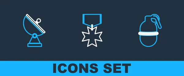 Set line Handgranaat, Radar en Militaire beloning icoon. Vector — Stockvector