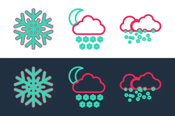 Establecer línea Nube con nieve, Copo de nieve y el icono de la luna. Vector — Archivo Imágenes Vectoriales
