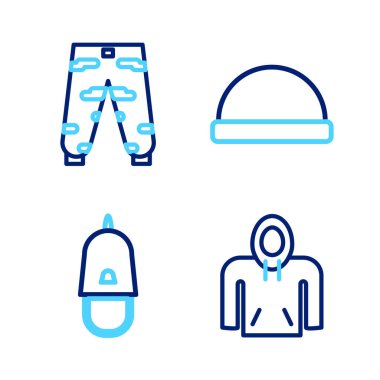 Hat kapüşonlu, papağanlı polis şapkası, Beanie şapkası ve kamuflaj pantolon ikonu. Vektör