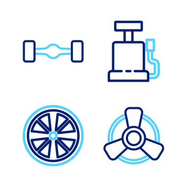 Otomobil vantilatörü, alçı tekerleği, hava pompası ve Chassis araba ikonu ayarlayın. Vektör