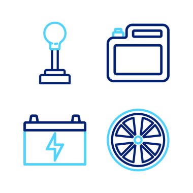 Hat alloy tekerleği, araba aküsü, motor yağı tenekesi ve vites kutusu simgesi. Vektör